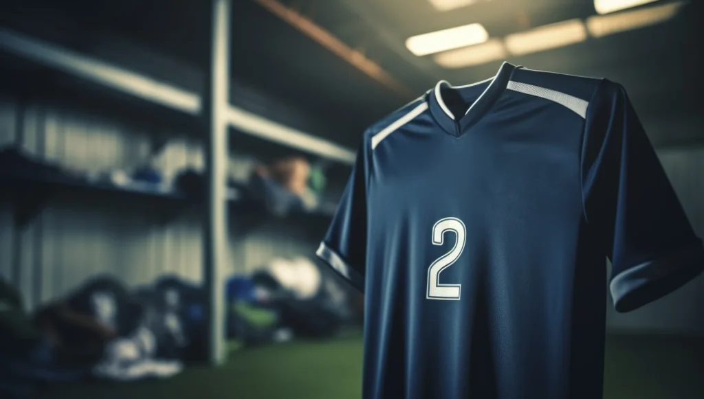 Camiseta de juego de una equipación de club colgada en el vestuario antes del partido 
