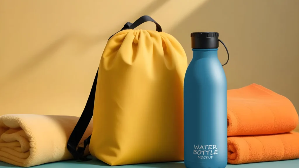  Gymsack y bidón de merchandising deportivo personalizado junto a toallas de club.
