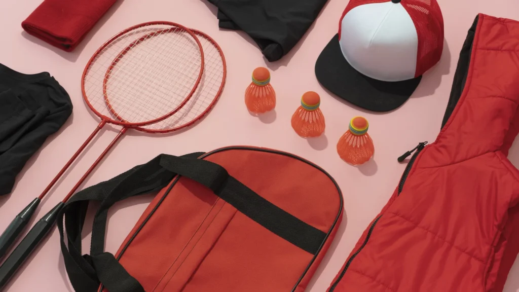 Composición de accesorios de merchandising deportivo personalizado: bolsa, gorra y toalla de club.